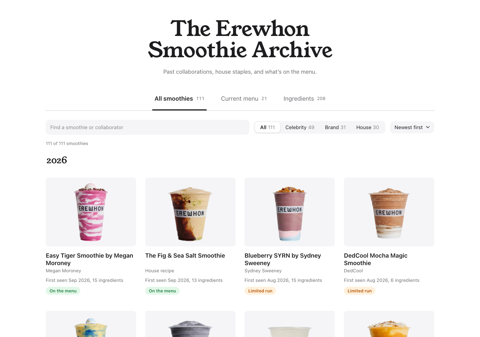 The archive main page, a grid of smoothie cups with collaborator, date, and menu status under each one