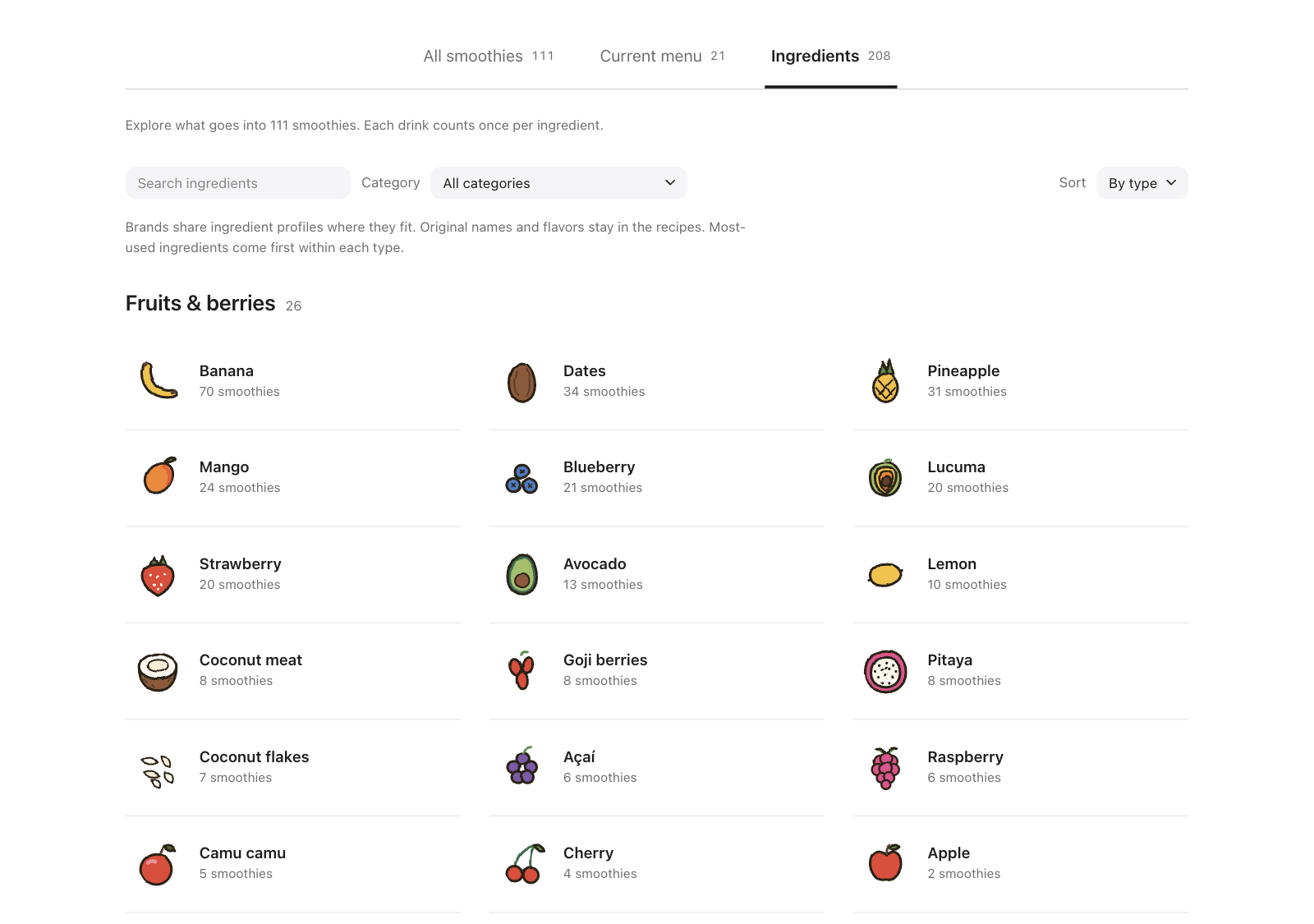 The ingredient browser, a grid of small wobbly icons with counts of how many smoothies use each one