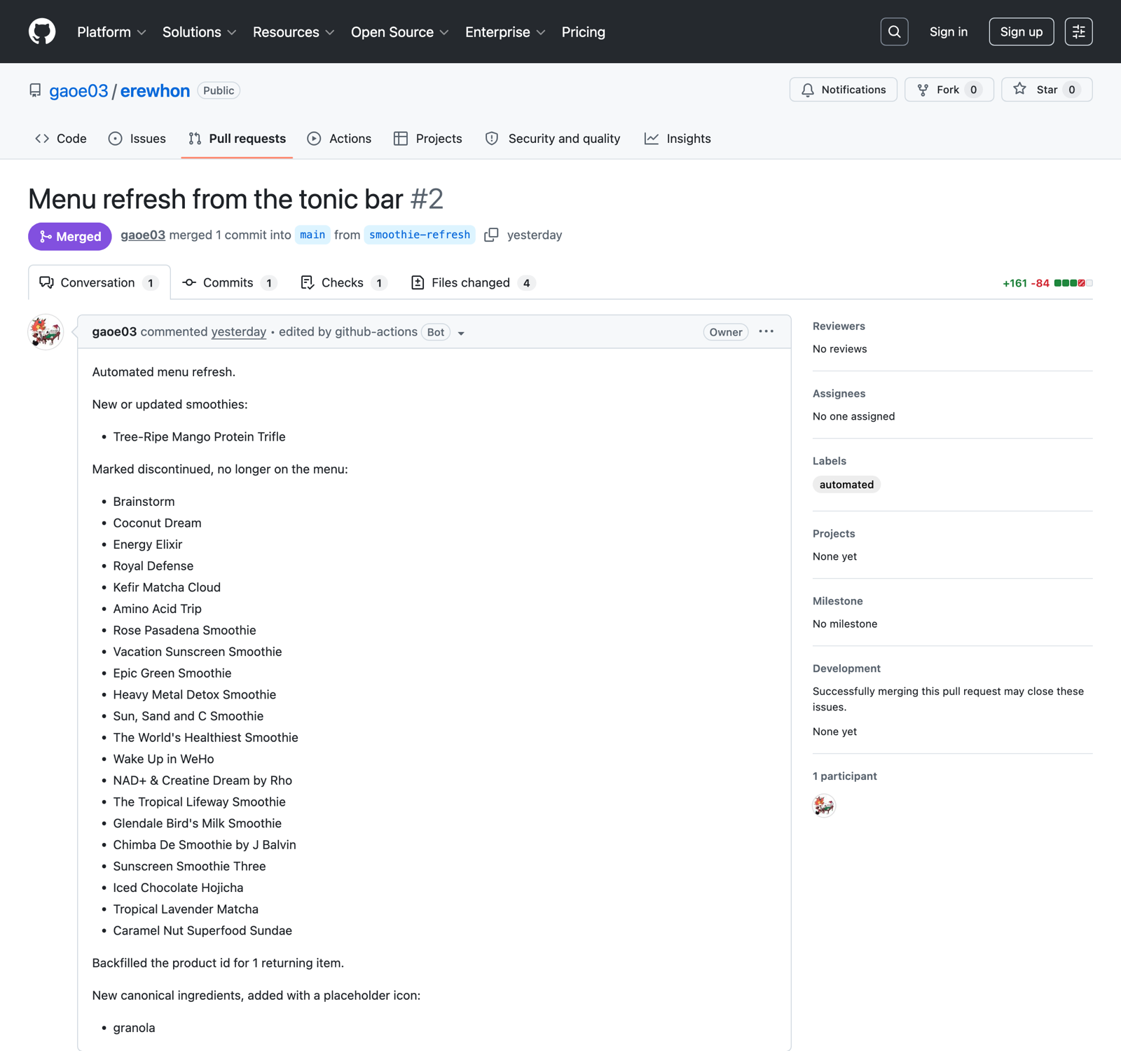 GitHub pull request titled Menu refresh from the tonic bar, opened by the automated workflow