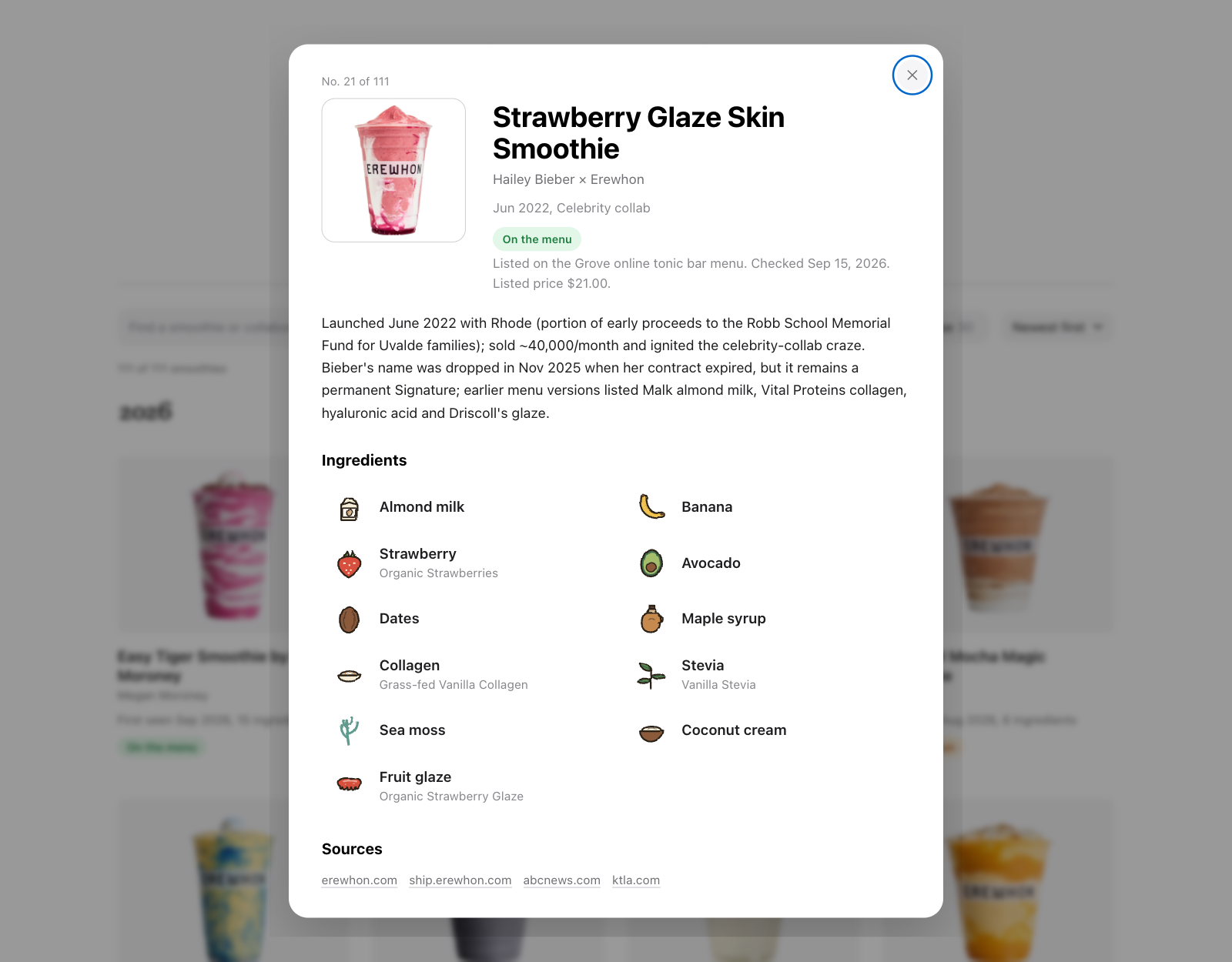 Archive record for the Strawberry Glaze Skin Smoothie, with ingredients and source links