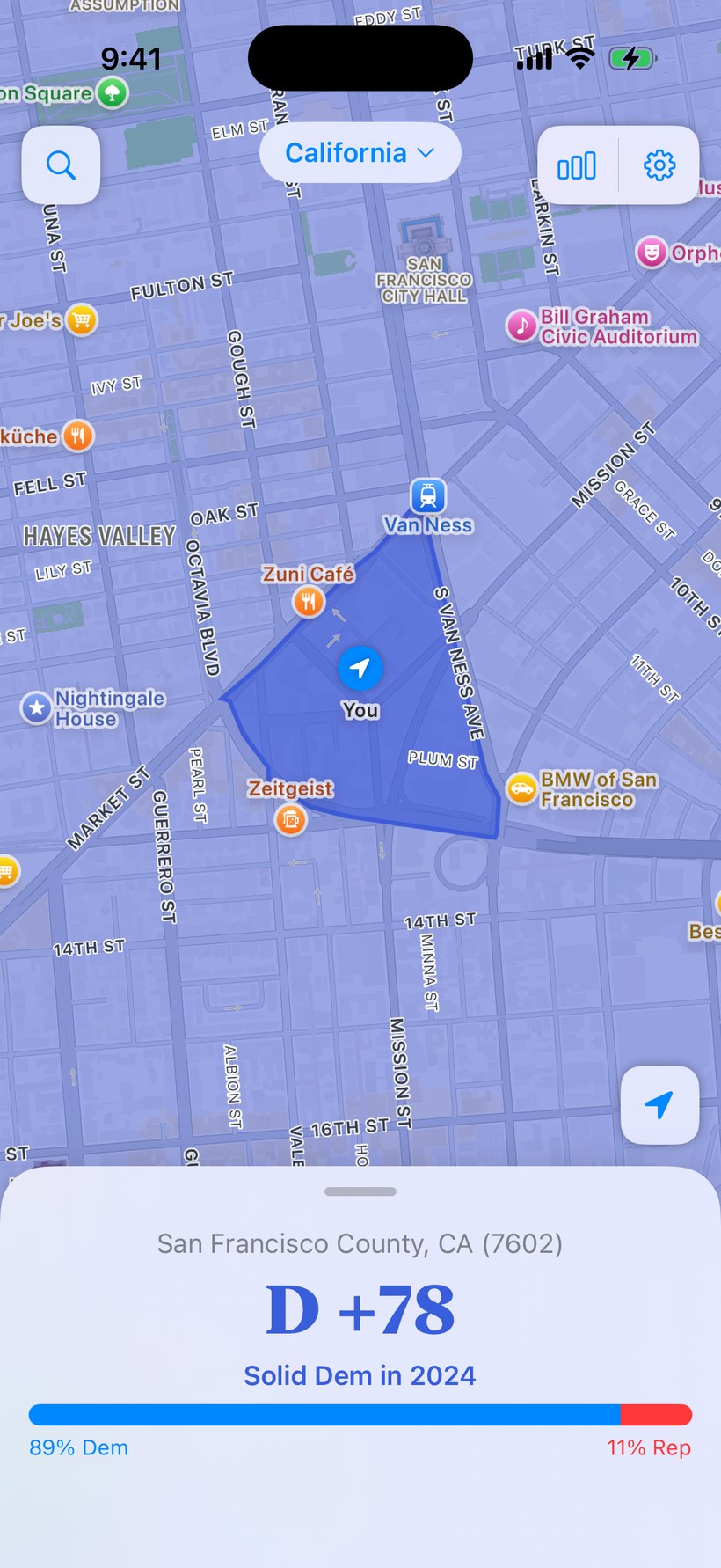 Precinct reading San Francisco, California, at D plus 78