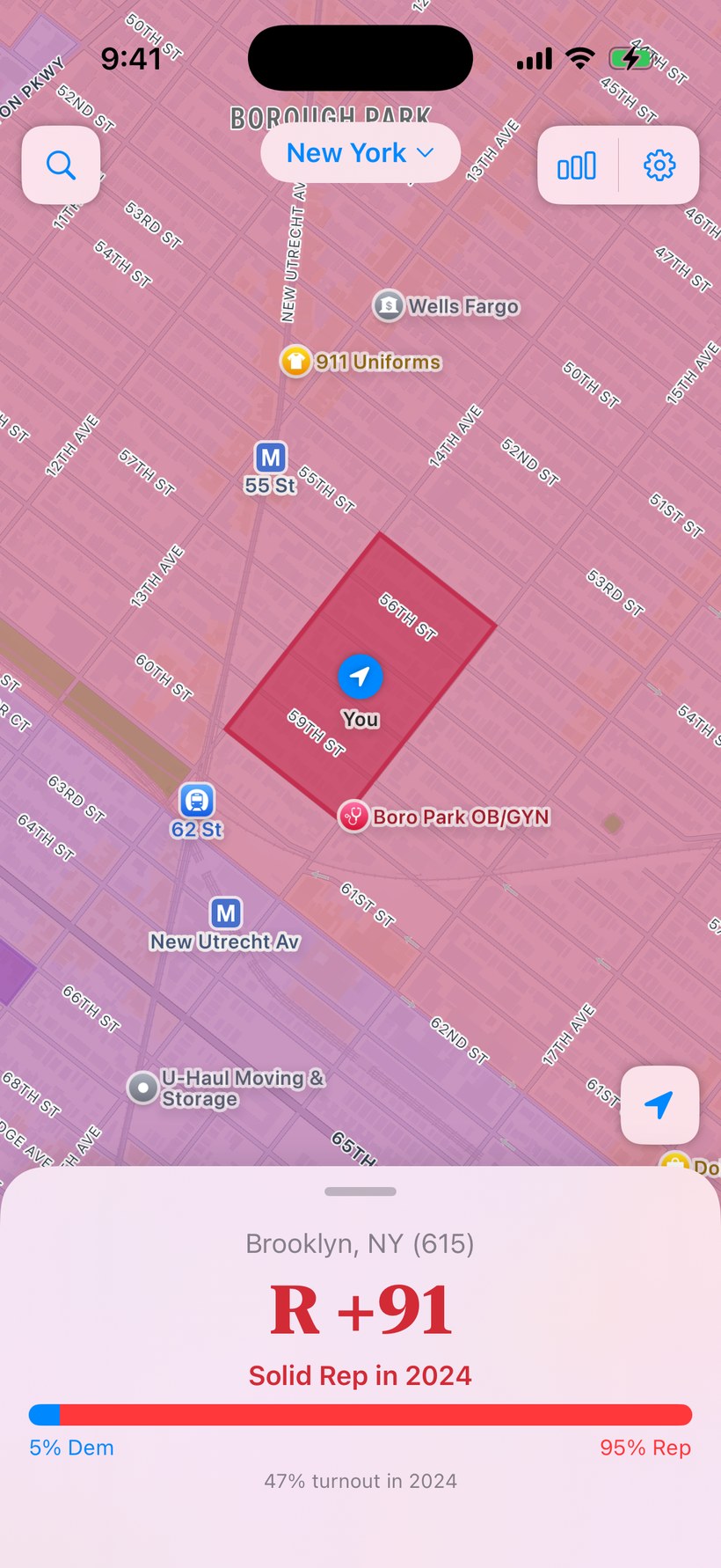 Precinct reading Borough Park, Brooklyn, New York, at R plus 91