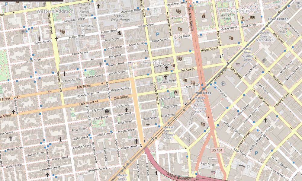 Street map of Hayes Valley and the San Francisco Civic Center